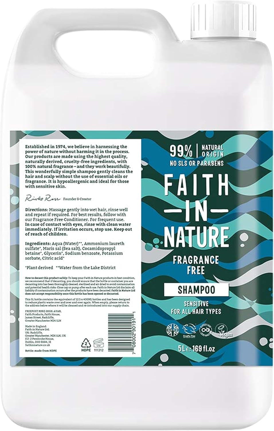 Natural Fragrance Free Shampoo, Sensitive, Vegan and Cruelty Free, No SLS or Parabens, for All Hair Type, 5L Refill Pack