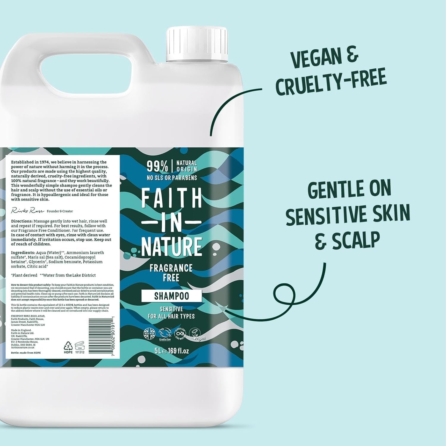 Natural Fragrance Free Shampoo, Sensitive, Vegan and Cruelty Free, No SLS or Parabens, for All Hair Type, 5L Refill Pack