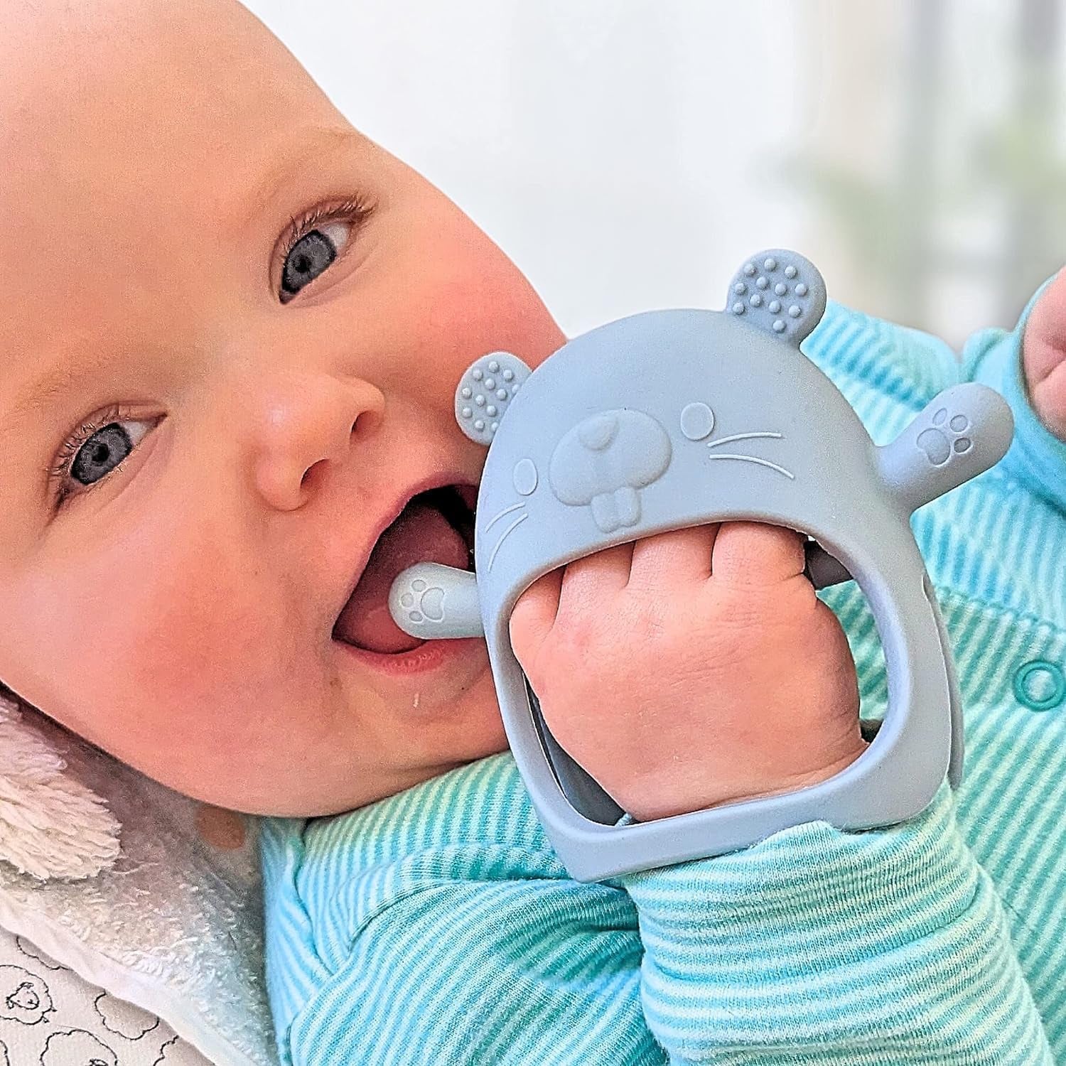 ® Teething Toys for Baby Gifts – Chipmunk Silicone Mitten Teether, Soothing Glove for Infants, Baby Toys 0-6 Months, Soft Chewable Teether Toy to Prevent Finger Sucking, CM Blue