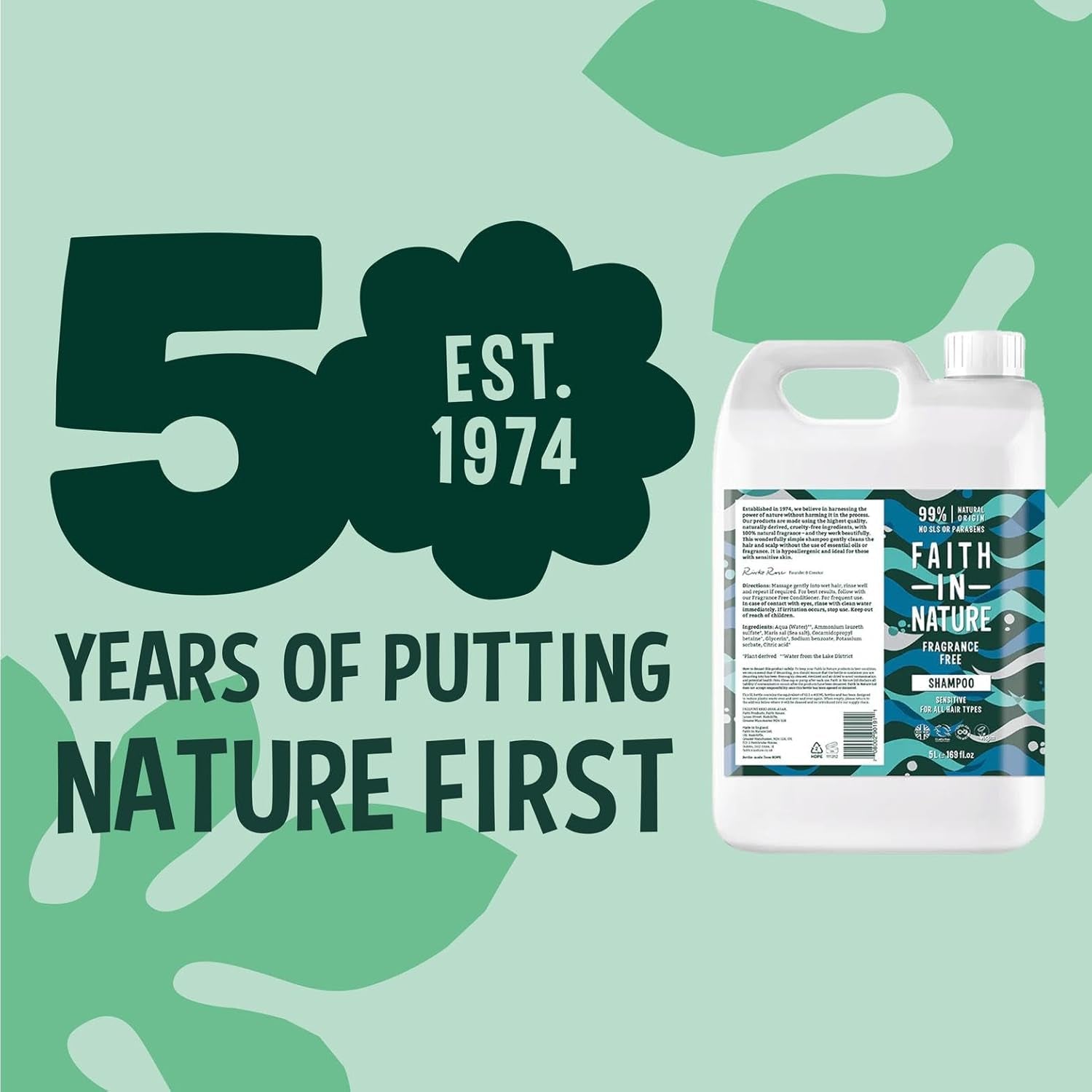 Natural Fragrance Free Shampoo, Sensitive, Vegan and Cruelty Free, No SLS or Parabens, for All Hair Type, 5L Refill Pack